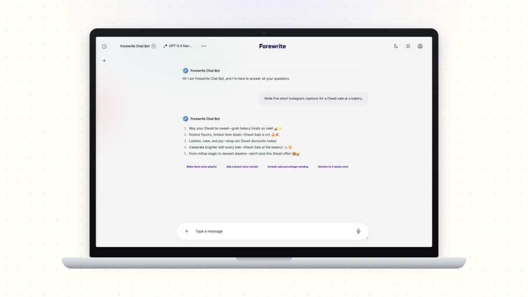 Forewrite AI Chat writing Instagram captions for a bakery sale