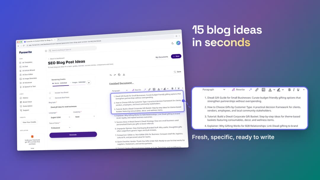 SEO Blog Post Ideas template generating 15 blog ideas in the Forewrite editor