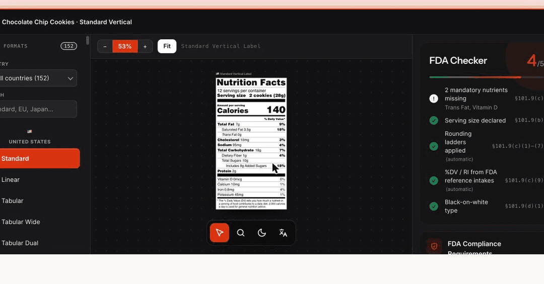 Label editor with live Nutrition Facts preview and FDA compliance checker