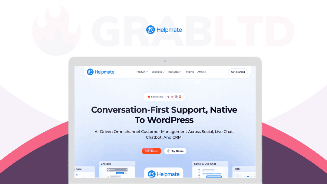 Helpmate lifetime deal on GrabLTD: the Helpmate homepage, 'Conversation-first support, native to WordPress'