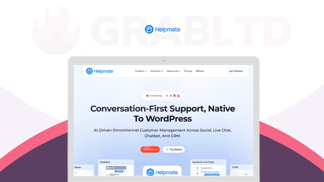 Helpmate lifetime deal on GrabLTD: the Helpmate homepage, 'Conversation-first support, native to WordPress'