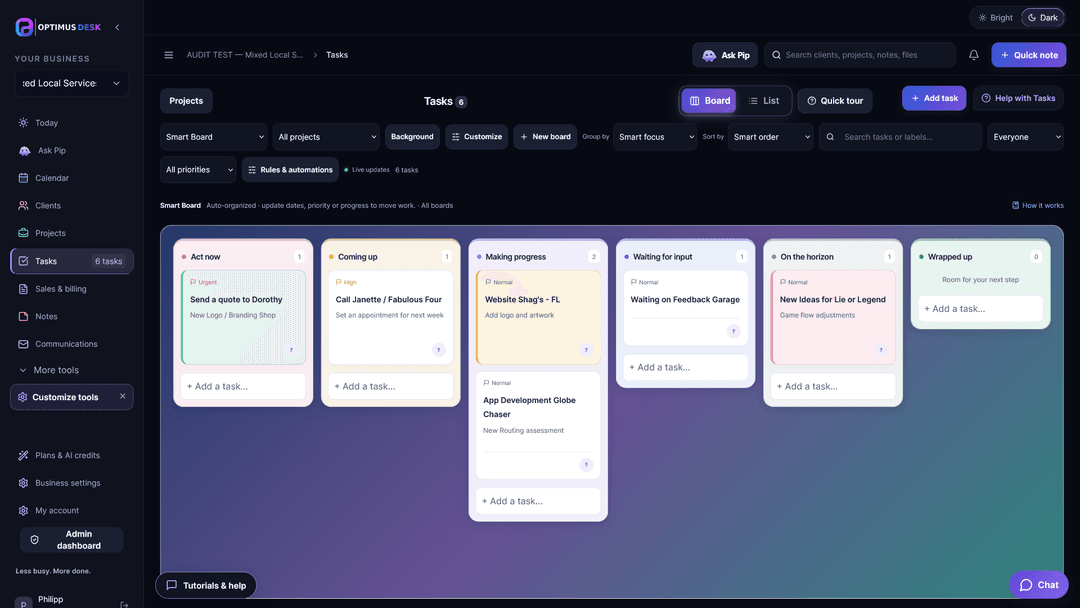 OptimusDesk task board with tasks organized into columns for tracking work and progress.