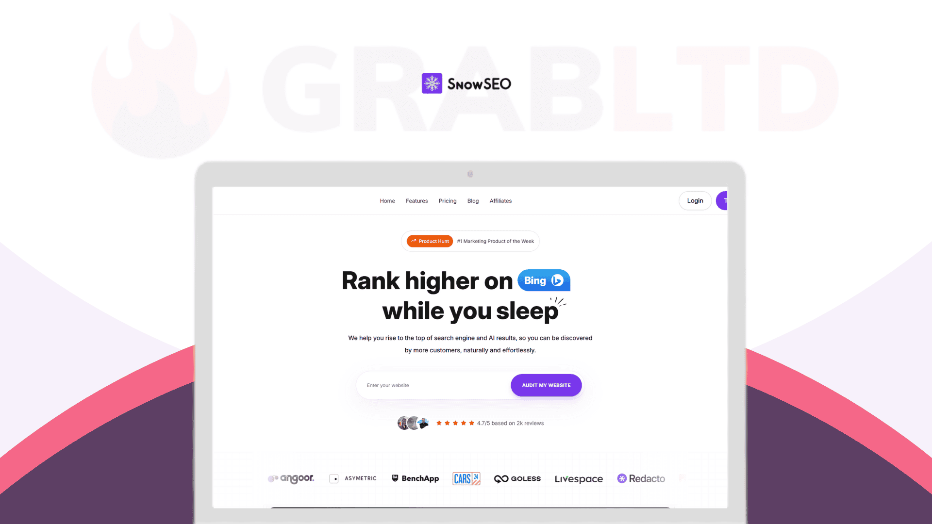 SnowSEO website homepage showcasing search engine ranking tools and digital marketing solutions.