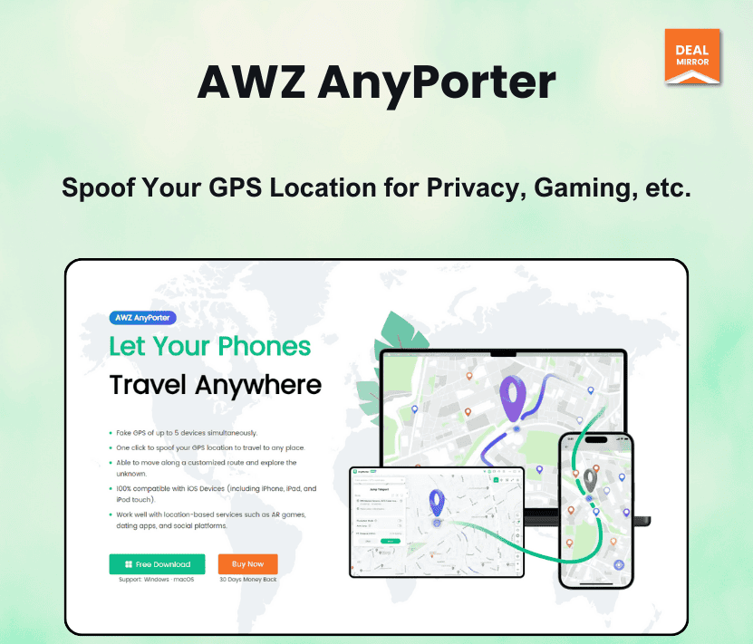 AWZ AnyPorter GPS spoofing app for privacy, gaming, and location simulation.