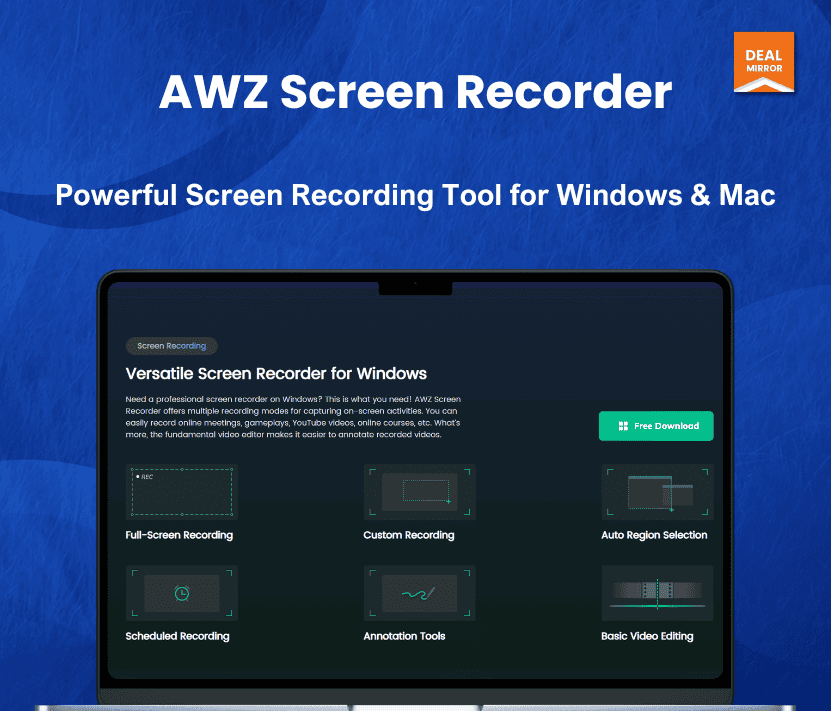 Screenshot of AWZ Screen Recorder software interface for Windows and Mac.