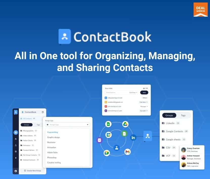 ContactBook contact management app interface with social media and cloud storage icons.