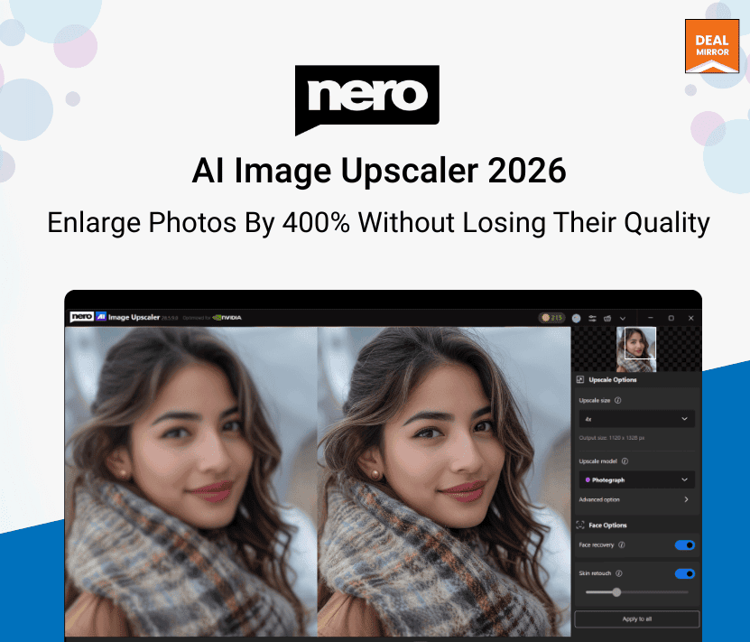 Nero AI Image Upscaler 2026 — DealMirror lifetime deal