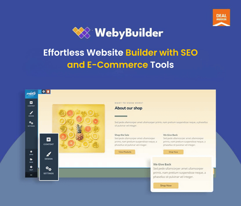 WebyBuilder website builder interface with SEO and e-commerce tools.