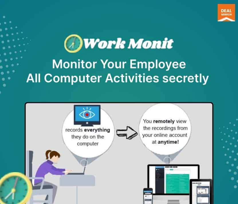 Employee activity monitoring software showing computer and mobile device screens.